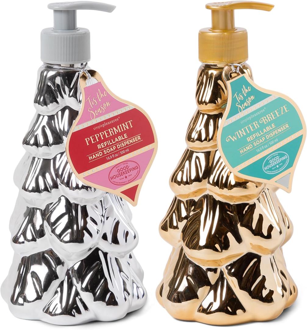 Simple Pleasures Metallic Christmas Tree Set of 2 Holiday Soap Dispenser with Scented Liquid Soap - Decorative Hand Pump Refillable Soap Dispensers for Kitchen and Bathroom Sinks