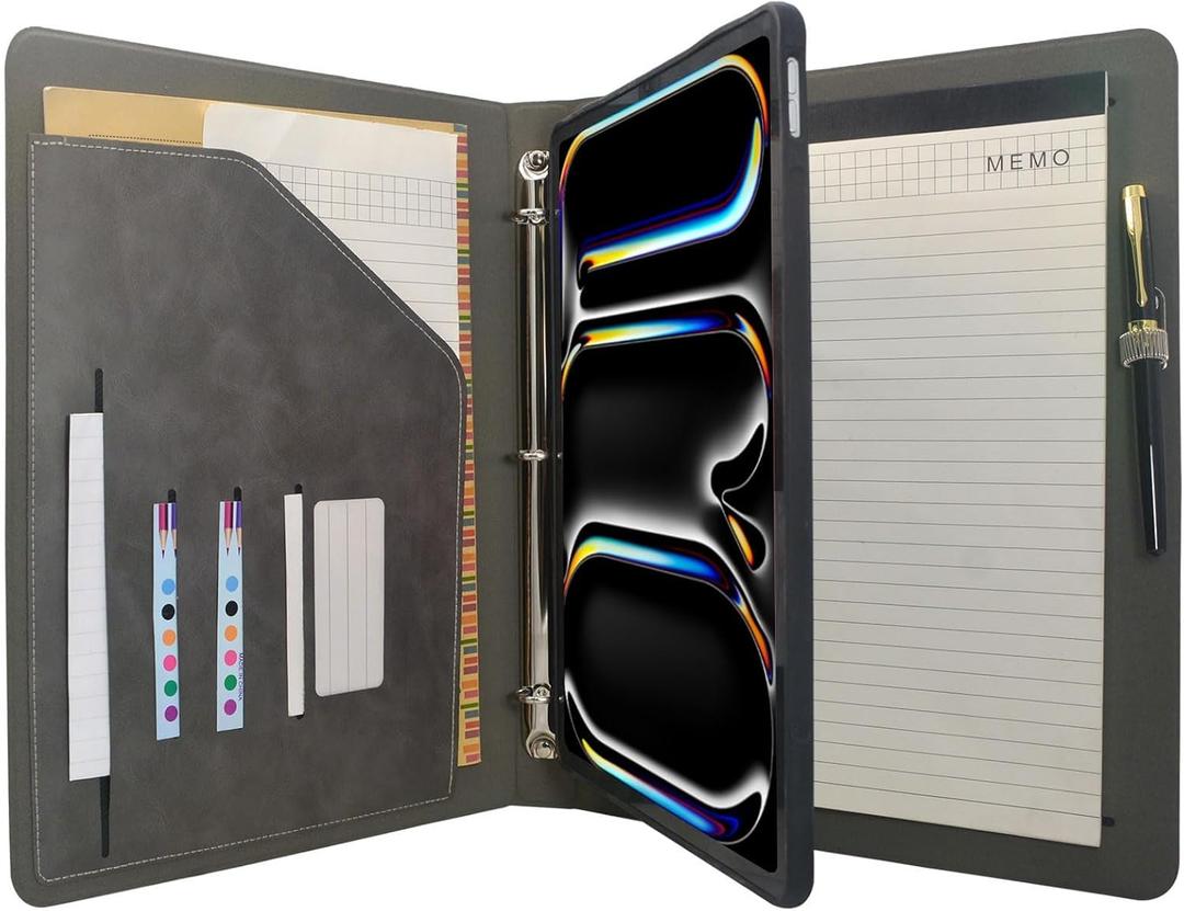Tablet Organizer Portfolio Case with 3-Ring Binder, Binder Padfolio File Folder with Removable Tablet Holder, Compatible with 13-inch iPad Pro M5 (2025)/M4 (2024),Gray