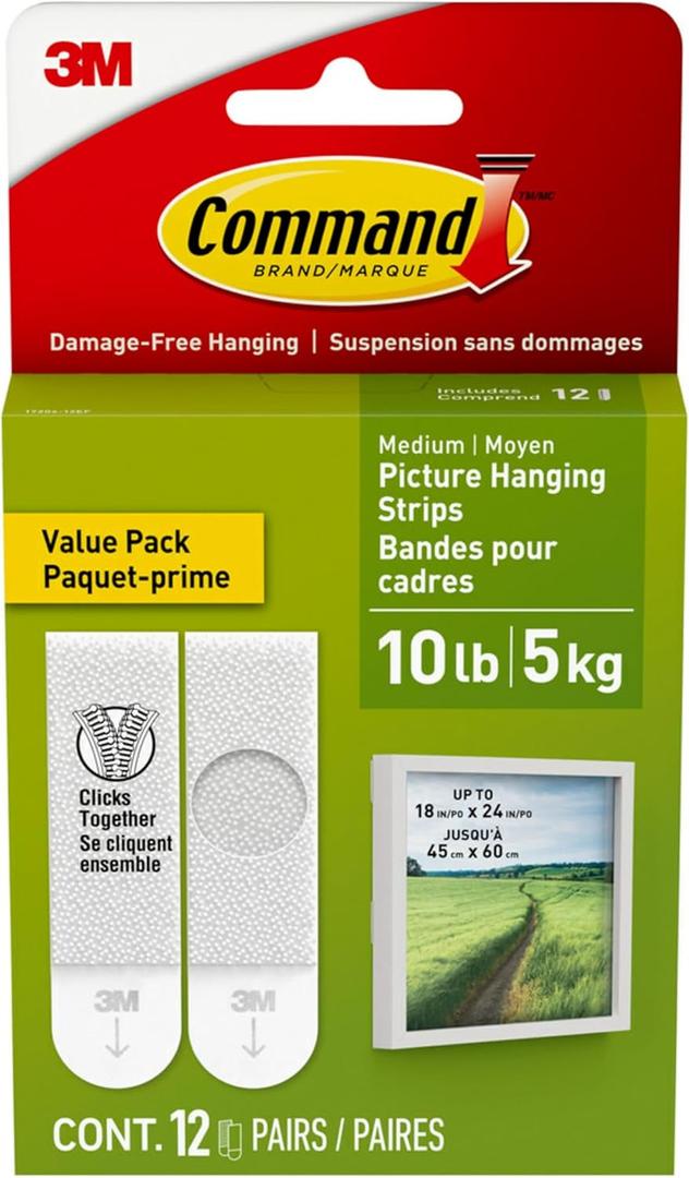 3M Command Picture Hanging Strips, 4 pairs hold 12 lbs, Hang Damage-Free, Create Gallery Walls, 12 Pairs (24 Strips, Value Pack, Hangs 3-6 frames (17204-12ES) (White)