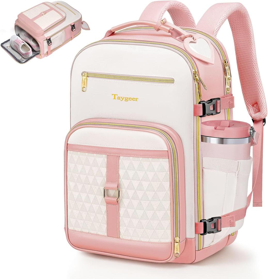Taygeer Kids Travel Backpack for Airplane, Small Travel Backpack for Girls with Luggage Tags & Water Bottle Pocket, Underseat TSA Approved Airline Personal Item Bag for Women Teens Girls School, Pink