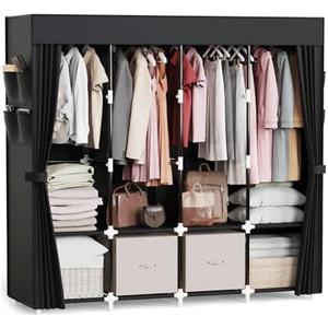 Mavivegue Clothes Organizer with 4 Hanging Rods, Portable Closet Wardrobe, Non-Woven Fabric Cover, Large Capacity Storage for Bedroom and Living Room,Black, 67" W x 17" D x 67" H