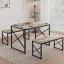 VECELO Kitchen Table with 2 Benches for 4, 43.3'' Wood Dining Room Dinette Sets with Metal Frame for Breakfast Nook and Small Space, Grey