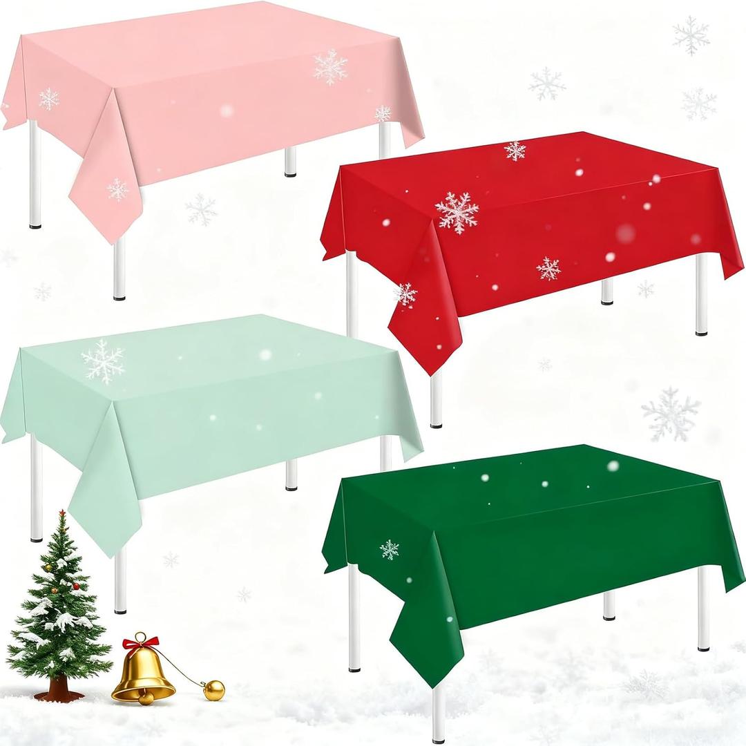 Whaline 16Pcs Christmas Plastic Tablecloth Rectangle Table Cover Pink Red Green Waterproof Table Cloth for Xmas Winter Decoration Supplies, 54 x 108 Inch