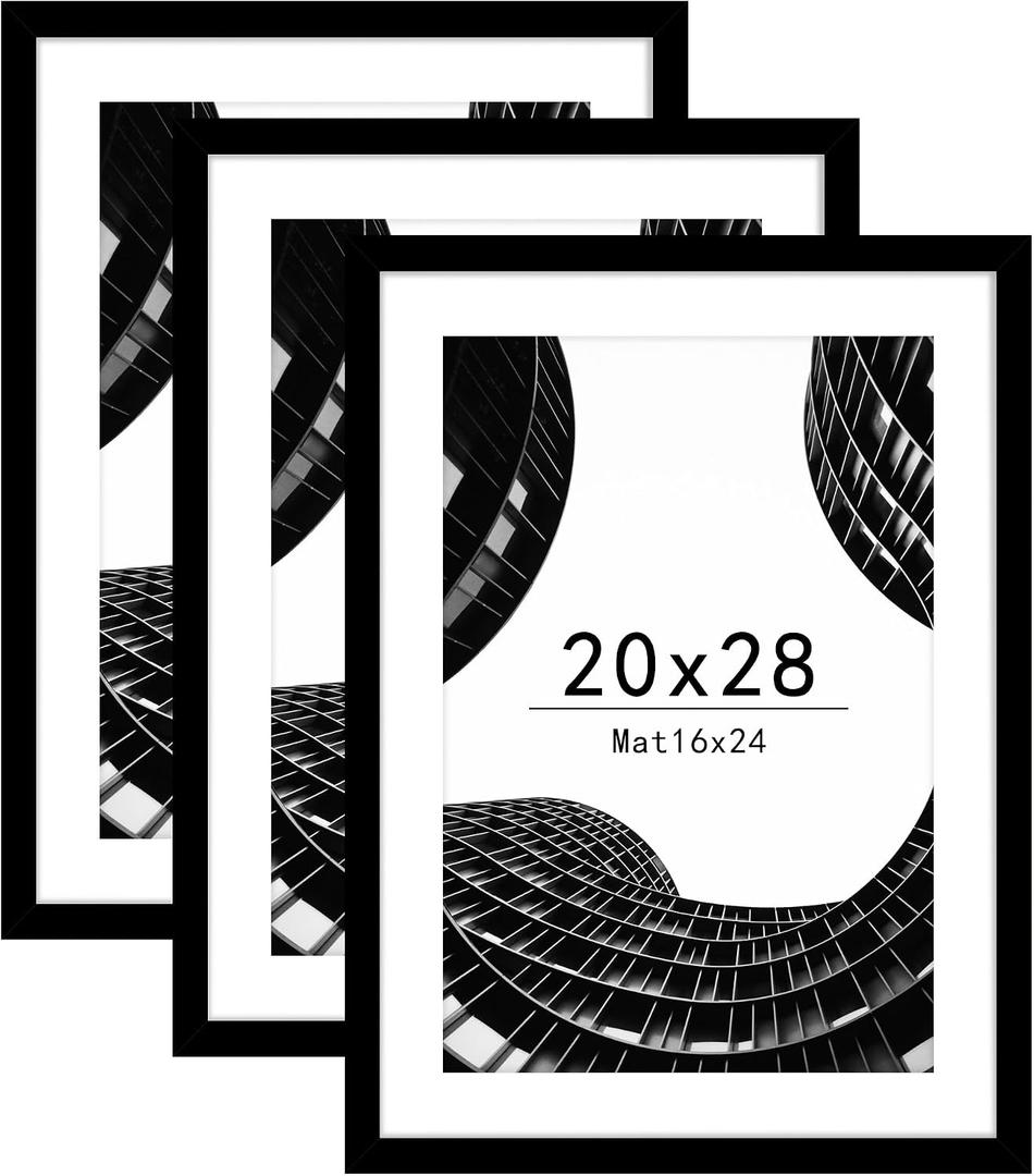 Abtgt 20x28 Picture Frame Set of 3, Display Pictures 16x24 with Mat or 20x28 without Mat, Poster Frame for Wall Mounting Display, Black
