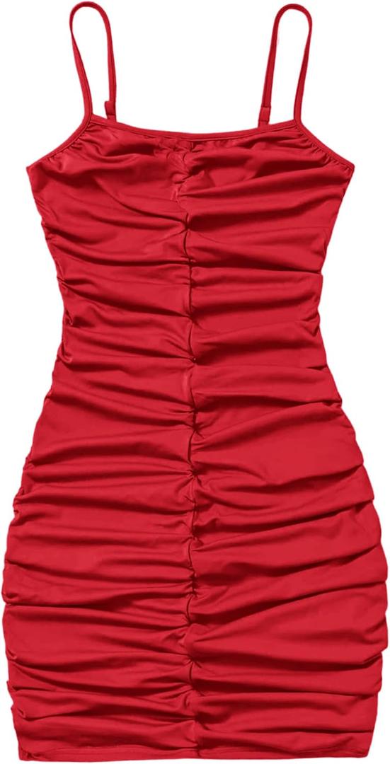 EXARUS Girls Spaghetti Strap/Long Sleeve Formal Dresses Teen Bodycon Ruched Party Prom Dance Graduation Fancy (10 Years, Plain Red)