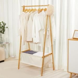 Bamboo Clothes Rack with Storage Box, Garment Holder Clothing Stand for Hanging Coat, Foldable Wardrobe Organizer for Entryway and Bed Room (Natural) (Natural)