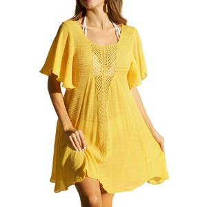 Women Swimsuit Cover Up Short Sleeve Bikini Coverups Crochet U-Neck Beach Dress (Small, Yellow)