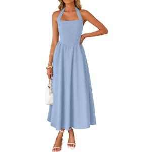 ZESICA Women's Summer Sleeveless Halter Midi Dress 2026 Off Shoulder High Waist Flowy Beach Wedding Guest Long Dresses (Medium, Blue)