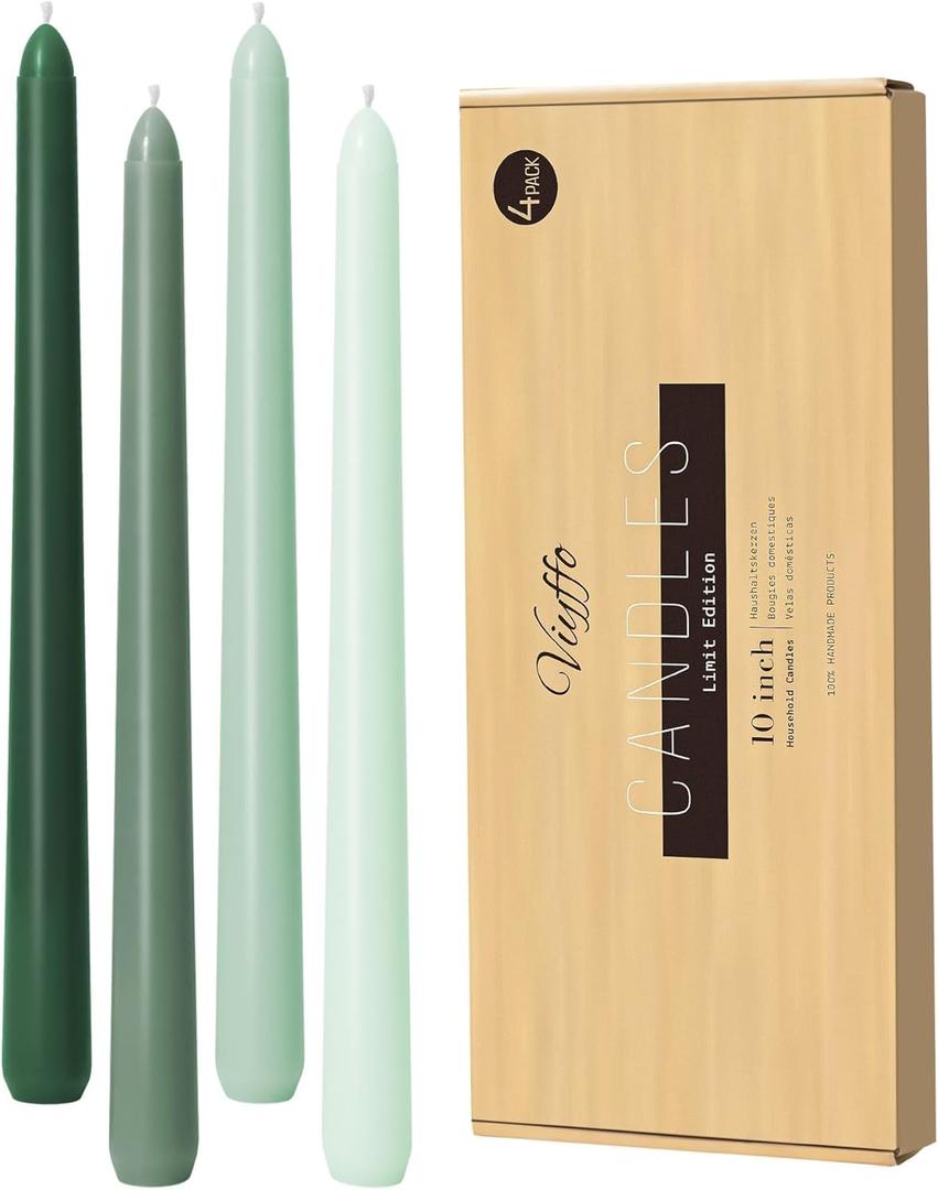 Viyffo Taper Candles 10 Inch Green 4 Pack Unscented, Smokeless Long Tall Tapered Candlesticks Wedding Home Decor Dinner Natural Color Series, Gradient Green