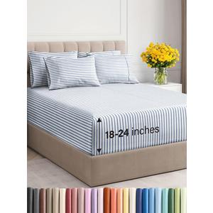 Extra Deep Cal King Sheet Set - 6 Piece Breathable & Cooling Sheets - Hotel Luxury Bedding Set w/18-24 Inch Extra Deep Pockets - Easy Fit, Soft, Wrinkle Free and Comfy - Blue Stripes, Cal King Size