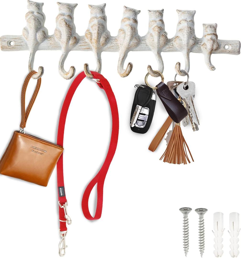 Comfify 7 Cats Wall Hook Rack  Decorative Vintage Design with 7 Hooks  Cast Iron  Wall Mounted  12"x4"  White