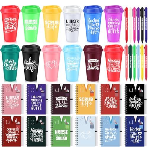 Teenyyou 36 Pcs CNA Week Gifts Bulk Nurse Appreciation Gifts for Women 16 oz Plastic Coffee Cups Reusable Tumblers with Lid Inspirational Notebooks Pens(Bright Color,Elegant Style)