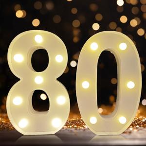 Led Light Up Numbers, 80th Birthday Decorations, Marquee Numbers Lights, Battery Powered Light Up Sign for 80 Decor Party (White)