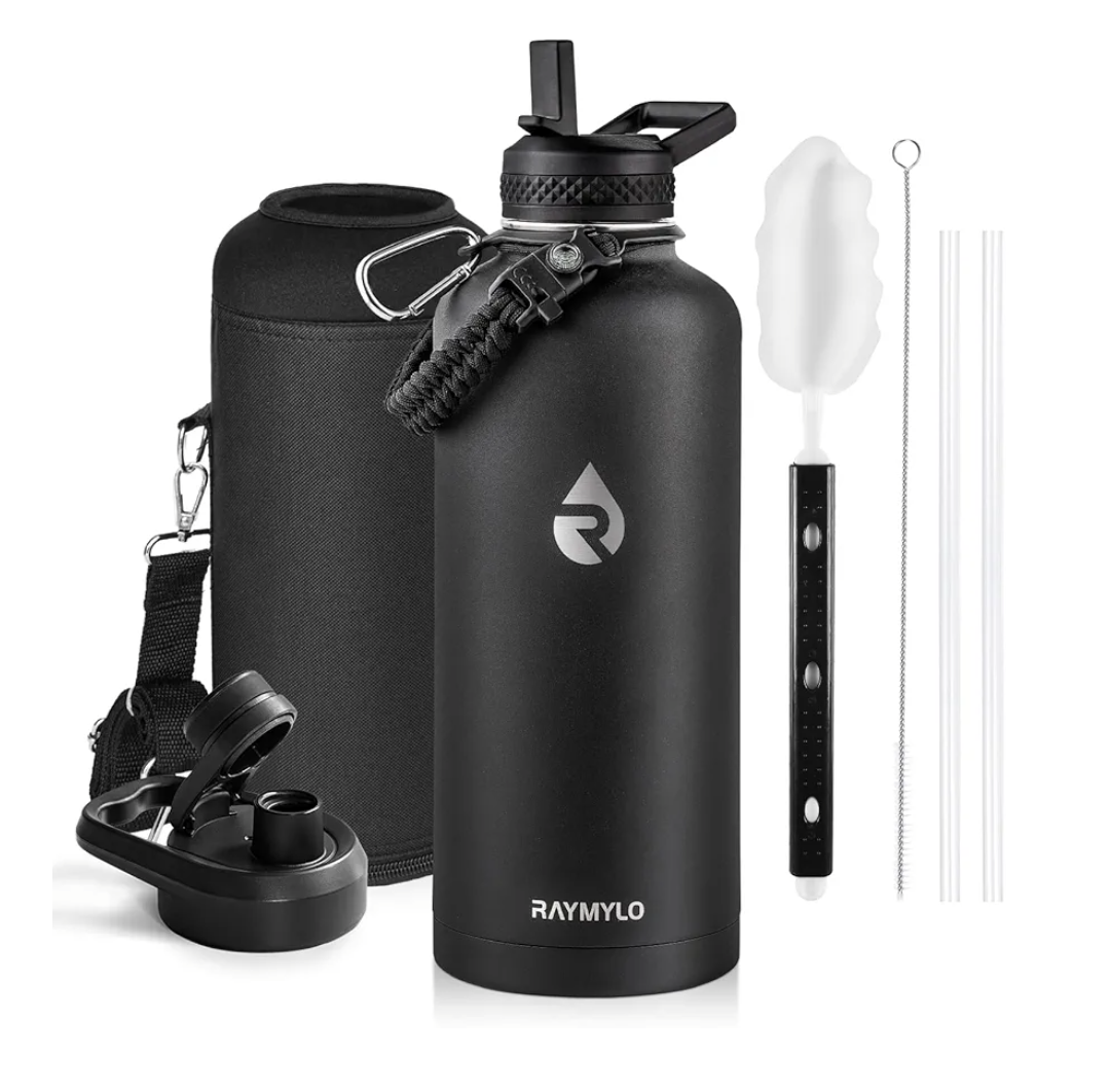 Insulated Water Bottle 87 oz, Triple Wall Vacuum Stainless Steel (Cold for 48 Hrs), Leak Proof & Non-BPA, Modern Water Flask Jug with Paracord Handle & Straw Spout Lids, Magic Black