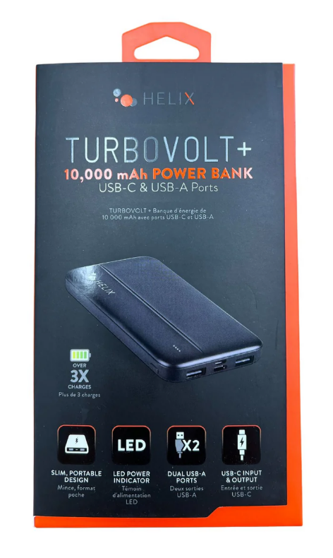 Helix/Retrak Power Bank 10000 with USB-C and Dual USB-A Ports Black Batteries