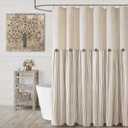 Farmhouse Shower Curtain Linen Beige Button Woven Fabric Country Rustic Western, Pleated Beige Stripe 72" W x 80" L