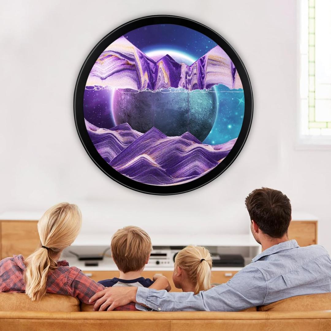 23.6'' Moving Sand Art Picture Round Glass 3D Deep Sea Sandscape Room Decoration, Glass Crafts Solid Wood Frame, Relaxing Mood Home Office Work Wall Art Decor (23.6inch, purple)