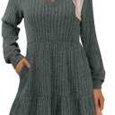 IWD Womens V Neck Long Sleeve Dress with Pockets Casual A-Line Knee Length Fall Knit Sweater Dresses 2025 (Green)