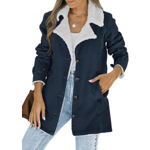 Dokotoo Womens Winter Jean Denim Long Sleeve Open Front Fleece Jacket Stand Collar Button Down Sherpa Fashion Coats for Women 2023 Cardigans Outerwear with Pockets Blue X-Large
