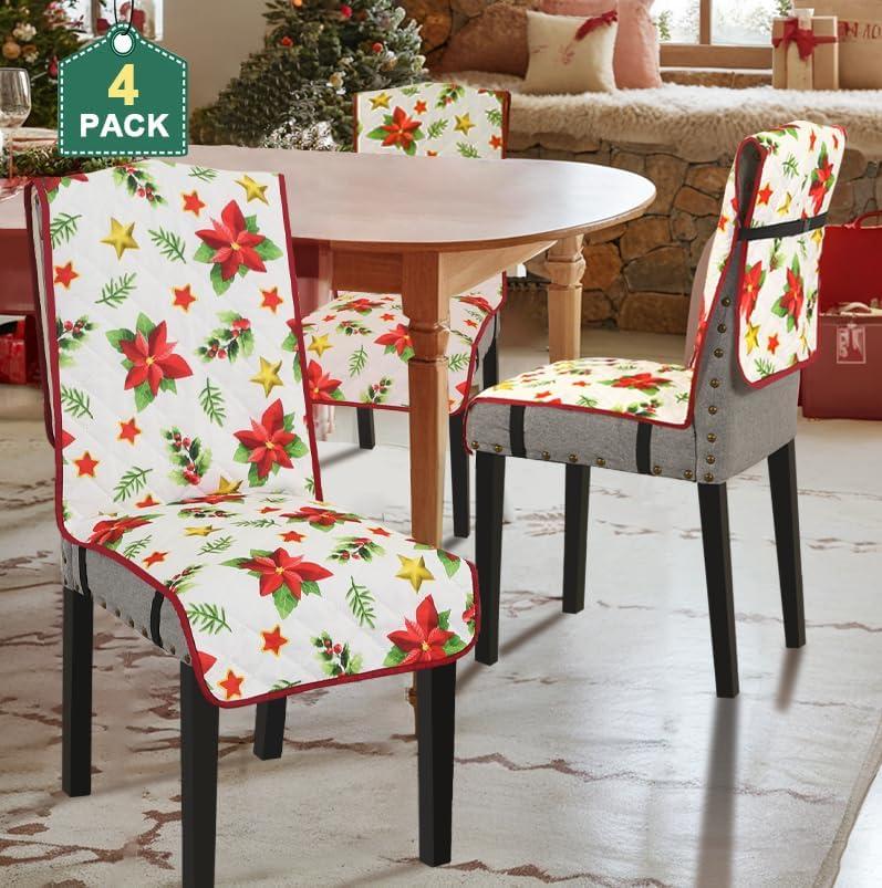 H.VERSAILTEX Dining Chair Covers Christmas Decorations Chair Cover Water Resistant Chair Cover for Dining Room Set of 4 Parson Chair Slipcovers Washable Chair Protectors Covers,Red Poinsettia/Beige