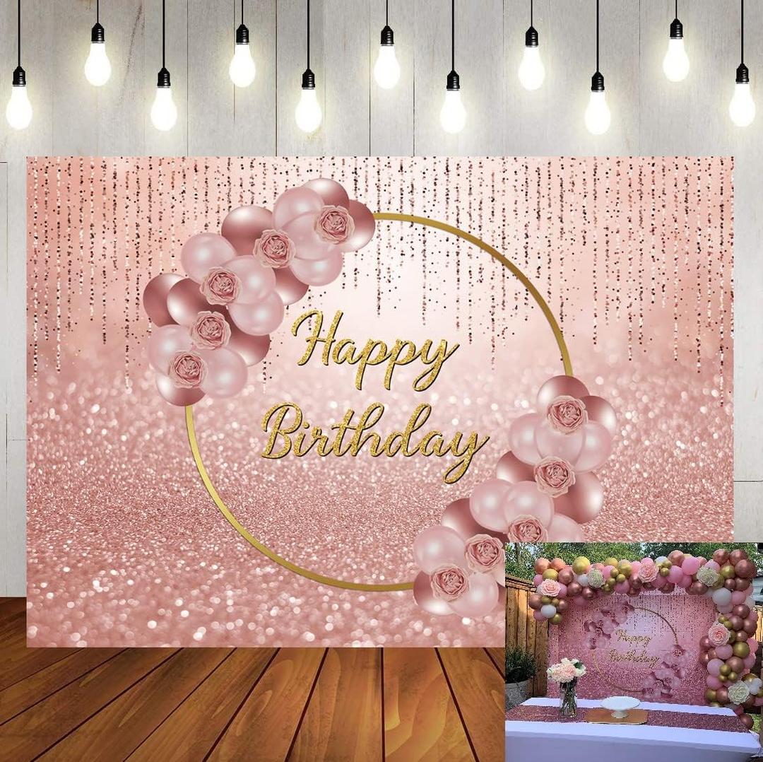 Pink Rose Gold Happy Birthday Backdrop Glitter Rose Gold Floral Balloon Bokeh Photography Background Girls Lady Sweet 16th 21th 30th Birthday Party Cake Table Photo Props 7x5FT
