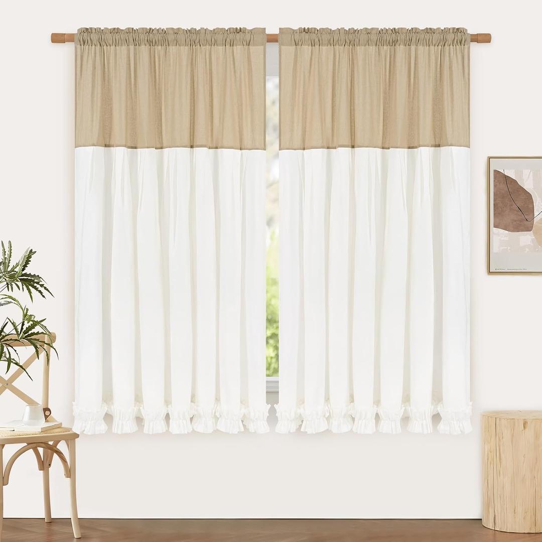 Likiyol Linen Curtains for Living Room 63 Inch Length Farmhouse Ruffle Curtains for Bedroom Light Filtering Window Curtain Rustic Country Drapes Rod Pocket Window Treatments, Linen White, 2 Panels