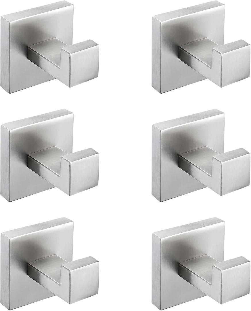 Nolimas Towel Hook Stainless Steel Bathroom Rustproof Clothes Towel Coat Hook Wall Mounted Square Toilet Kitchen, Heavy Duty Door Hanger, 6 Pack, Brushed Nickel