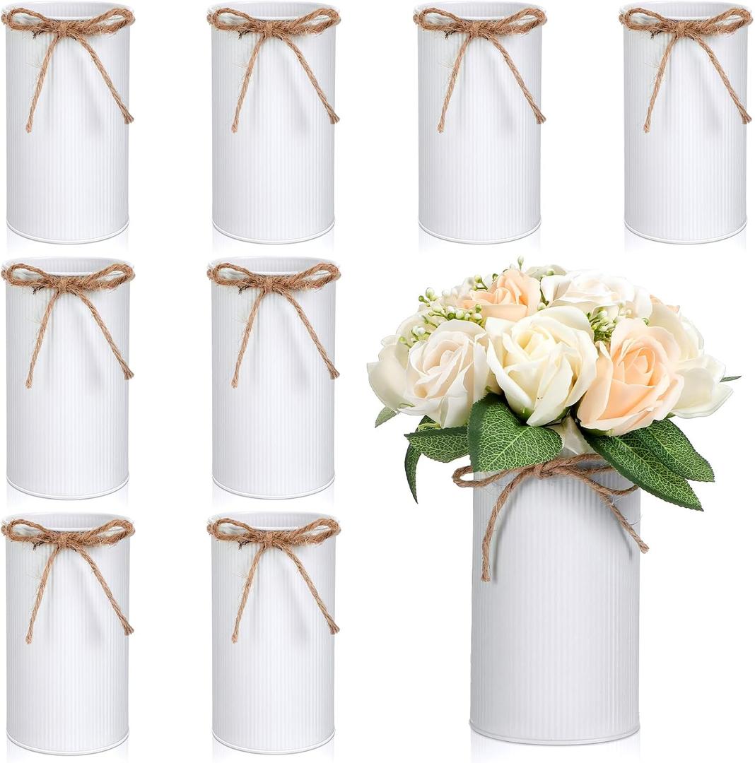 Rustic Vase for Table Centerpieces 5.91 Inch Flower High Vase with Twine Bow Vintage Farmhouse Decor for Wedding Reception Dining Baby Shower Home Galvanized Metal Buckets(White,8 Pcs)
