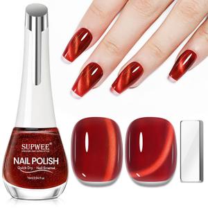 Red Quick Dry Cat Eye Nail Polish Non Gel, Magnetic Nail Polish with Magnet Cateye Fingernail Lacquer Air Fast Drying Manicure Gift For Women Girls 16ml/0.54 oz