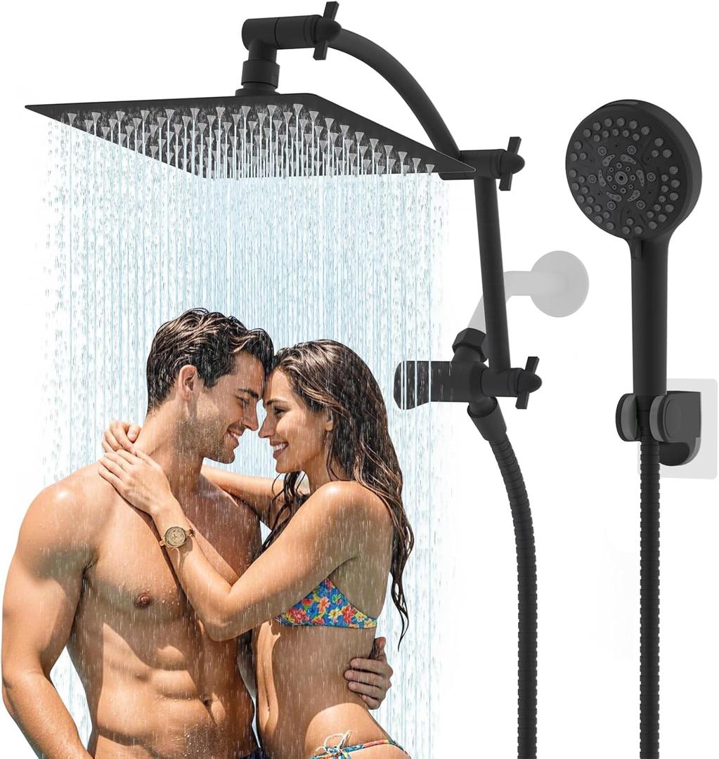 Hibbent All Metal cUPC Certified Shower Head, 8'' High Pressure Rain Shower Head, Handheld Showerhead Combo with 16'' Adjustable Extension Arm, 10 Sprays, 71'' Hose, Showerhead Holder, Matte Black