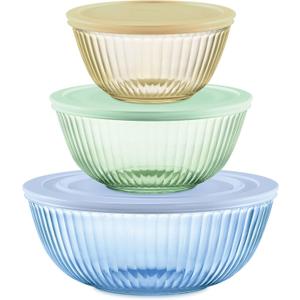 Pyrex Colors Tinted (3-Pack, Full Set) Sculpted Tinted Glass Mixing Bowls With Lids, Nesting Space Saving Set of Bowls For Prepping and Baking, 1.3QT, 2.3QT & 4.5Q (Yellow, Green, Blue)