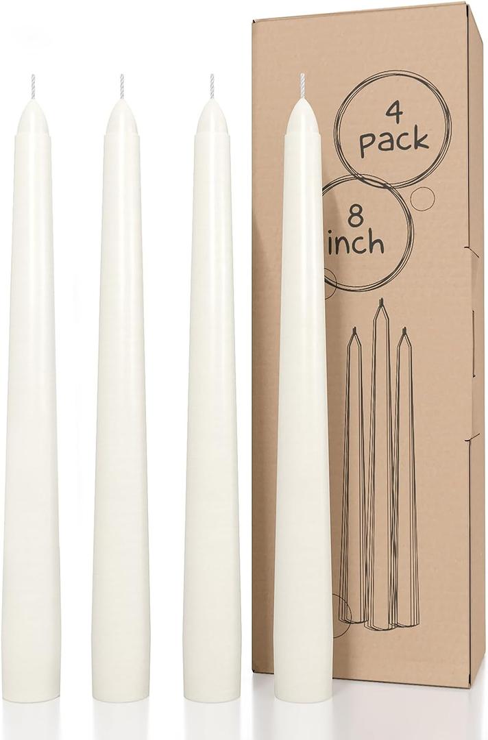 CANDWAX Ivory Taper Candles 8 inch Dripless - Set of 4 Tapered Candle Ideal for Dinner - Smokeless and Unscented Candlesticks Long Burning