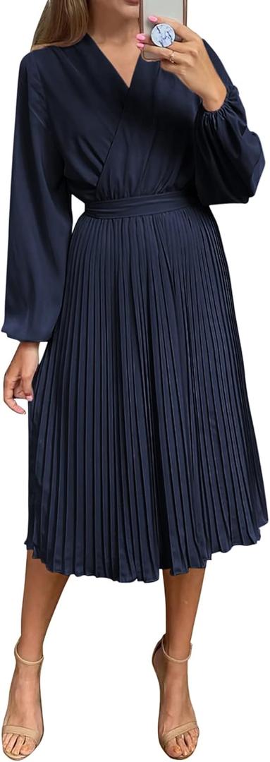 PRETTYGARDEN Women's Spring Midi Dress Long Puff Sleeve Wrap V Neck Flowy Ruffle Pleated Casual Fall Dresses (X-Large)