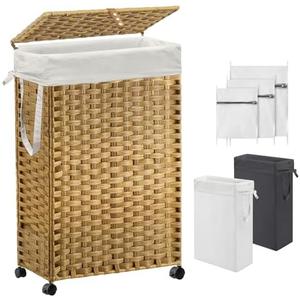 70L Slim Laundry Hamper with Lid & Wheels, Rolling Laundry Basket with 2 Removable Liner Bags & 3 Mesh Bags, Narrow Dirty Clothes Basket, Foldable Handwoven Rattan Laundry Sorter, Natural