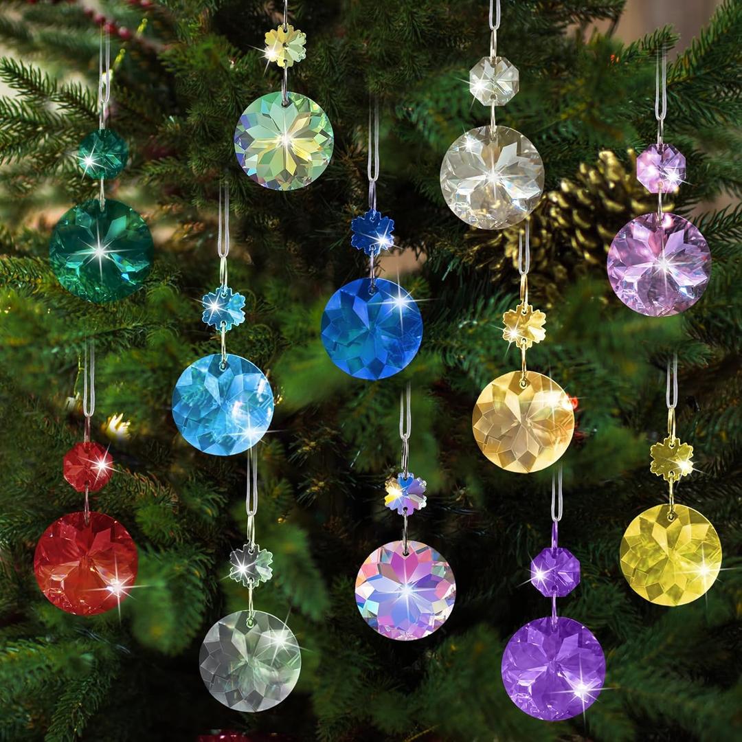 12pcs Small Christmas Crystal Ornaments for Mini Tree Decorations, 1.18 Mini Colorful Glass Crystal Prism Ornaments for Chandeliers Sun Catchers Wedding Holiday Party Home Decor Mixed Colors