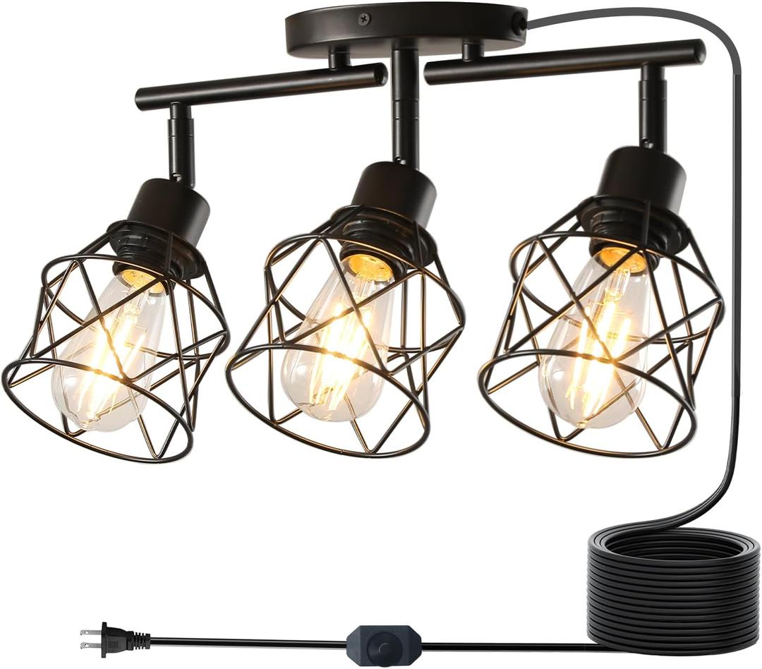 Dimmable Black Plug in Track Lighting Kit,3 Light Plug in Ceiling Light with 16.5' Cord,Flexibly Rotatable Light Head,Modern Industrial Farmhouse Style(Bulbs Not Included)