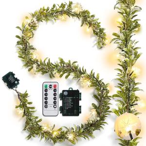 Ganeen 6 ft Christmas Light up Garland Prelit Snowy Olive Garland with 20 LED Battery Operated Lighted Olive Branch with Snowflake Berries Timer Remote for Xmas Winter Decor(White Berry,Flocked)