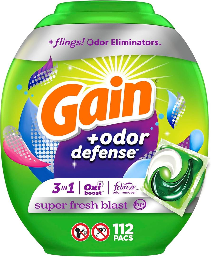 Gain Flings Laundry Detergent Pacs with Odor Defense, 112 Count, Super Fresh Blast Scent, HE 3in1 with Febreze and Oxi