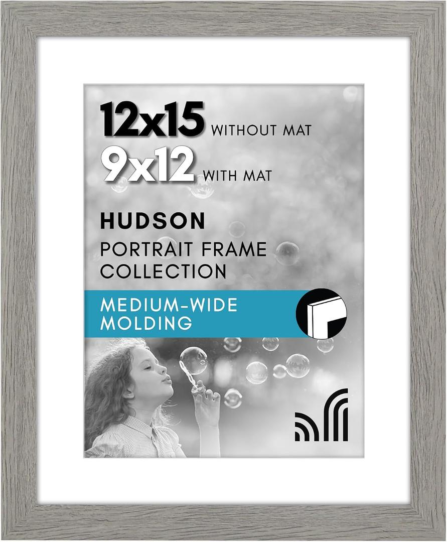 Americanflat 12x15 Picture Frame with Shatter-Resistant Glass - Use as 9x12 Frame with Mat or Display 12x15 Photo Without Mat - Hudson Collection - Wide Picture Frames for Wall Display - Grey Wood