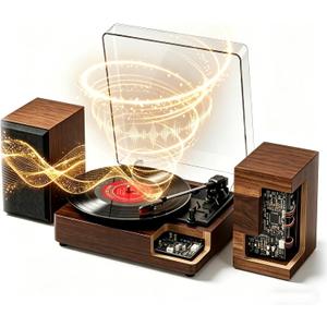 Record Player with 2 Stereo Speakers, Walnut Wood Turntable for Vinyl Records, Vintage Record Player Home Audio System, Vinyl Turntable for Bedroom Living Room Home Decor, Gift for Beginners