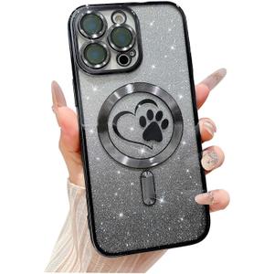 for iPhone 16 Pro Case, Glitter Clear Cute Paw Love Heart, Compatible with MagSafe, Strong Magnetic Full Camera Lens Protection Cover, Soft Slim Bling Phone Case 6.3" - Black