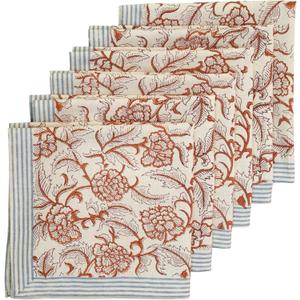 Handblock Print Patterned Cotton Cloth Napkins Set of 6, Washable, Reusable Napkins for Cocktail Parties, Home, Restaurant, Hotel, Event & Everyday Lunch, Dinner, 18" x 18"