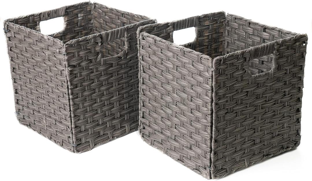 Foldable Synthetic Plastic Wicker Storage Basket with Iron Wire Frame By Blue Ridge Basket Company (Set of 2)