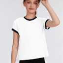 ZDC Girls Athletic Shirts Kids Summer Short Sleeve Workout T Shirt Quick Dry Tops Color Block Gym Yoga Tee (White)