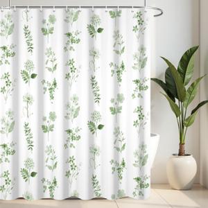 Green Floral Shower Curtain for Bathroom, Waterproof Fabric Flower Print Shower Curtains Modern Washable Botanical Shower Curtain Sets with 12 Pcs Hooks, 72x72 Inch