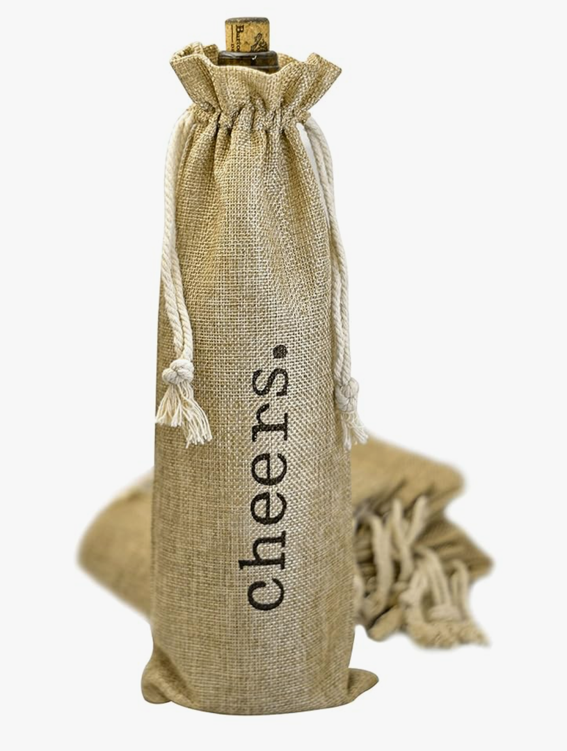 Supply Friend Burlap Wine Bag - 12 Jute Wine Bottle Gift Bags with Drawstring and Cheers Print for Party Favors, Wedding, Birthday, Housewarming, Christmas, Holiday & Wine Tasting Party
