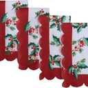 Newbridge Christmas Natures Poinsettia Scalloped Fabric Holiday Napkins, Holly, Berries and Evergreen Border with Red Trim, Set of 4 Reusable Cloth Napkins