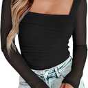 AGECODE Women's Square Neck Mesh Long Sleeve Bodysuit Shirts Ruched Body Suit Leotard Tops Black X-Small