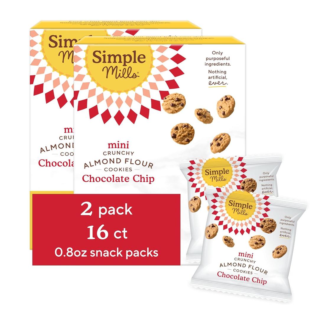 Simple Mills Almond Flour Mini Chocolate Chip Cookie Snack Packs, Healthy Snacks for Kids, Individual Packs, Gluten Free, 8ct (Pack of 2) (EXP 10/28/26)