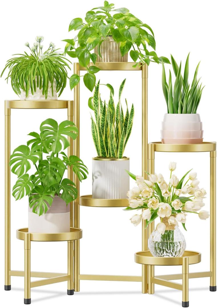 iDavosic.ly Plant Stand Indoor Outdoor, 6 Tier Corner Metal Flower Display Holder Shelf, Easy Assembly Folding Tall Orchid Rack for Patio Balcony Porch Garden Living Room House, Gold